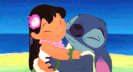 Lilo and Stitch hugging.